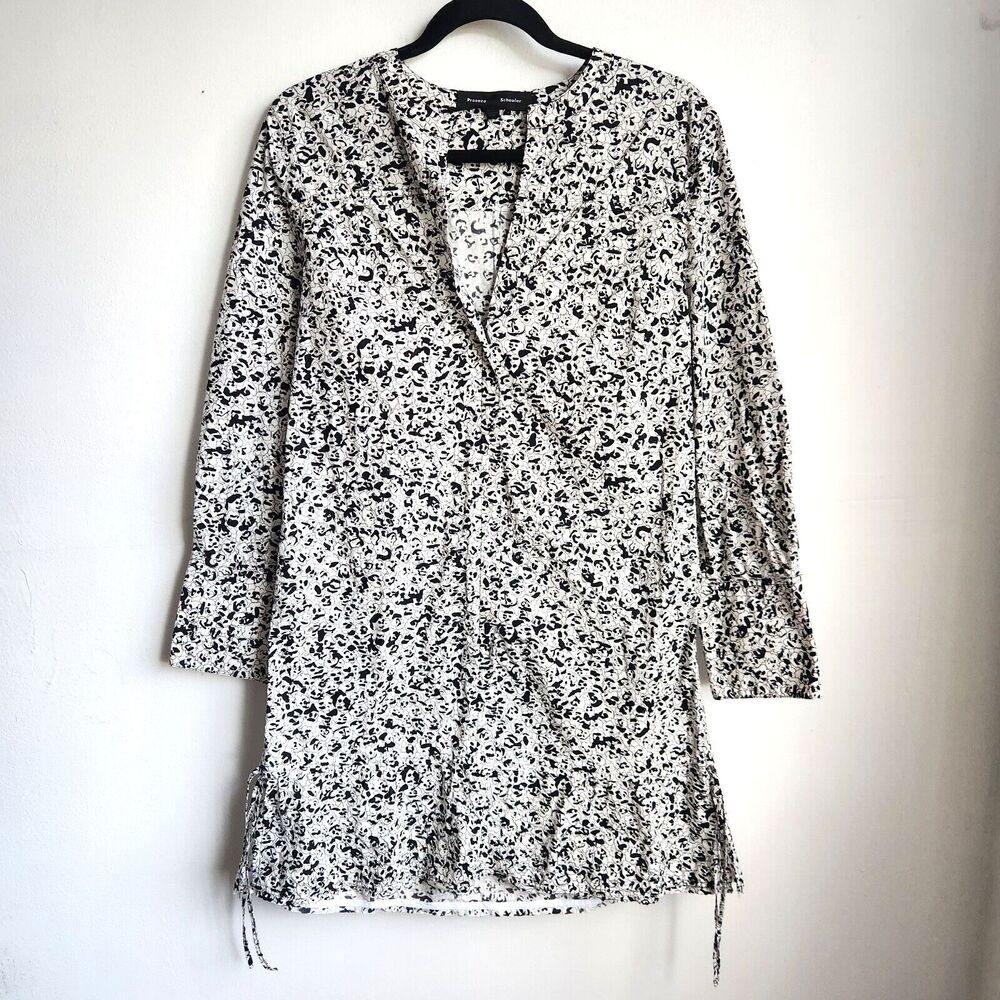 Proenza Schouler Graphic Scribble Print Cotton Shift Dress Button Cuffs Size 6